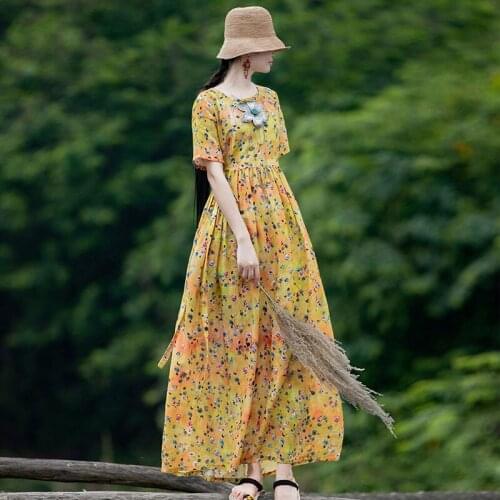 Women 2021 Summer Fashion O-neck Printed Dress Female Cotton Linen Long Dresses Ladies New Short Sleeve Loose Vestidos T102