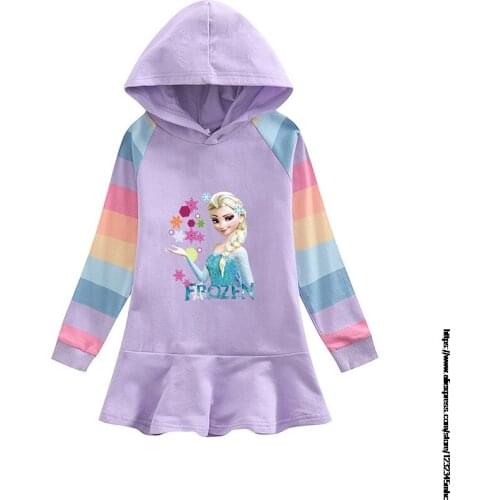 Disney Cartoon New Hoodie Dress Autumn Frozen Elsa Girls Kids Cartoon Rainbow Long Sleeve Children Kids Cotton Sweater Clothes