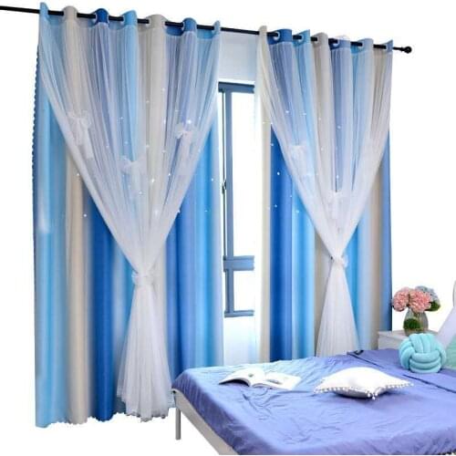 Double Layer Blackout fabric Gradient stripe Hollow Star Curtains in the living room Shade Tulle Cloth Home Living Room Deco