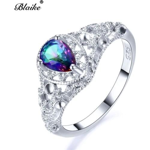 Blaike Mystic Fire Rainbow Topaz Rings For Women 925 Sterling Silver Water Drop Birthstone Ring Engagement Wedding Jewelry Gifts
