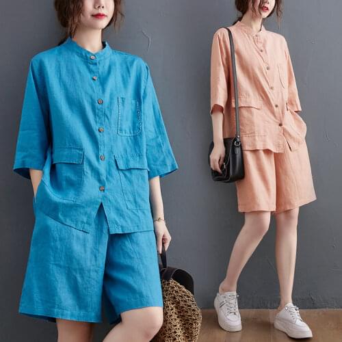 Cotton Linen Suit Womens Summer Loose Large Size Solid Stand-up Collar Shirt+Elastic Waist Shorts Casual Tooling Two Piece aq636