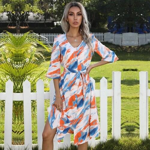 Summer Dresses For Women 2021 New V-Neck Printed Lacing Shirt Dress Fashion Bohemian Beach Half Sleeves Dress