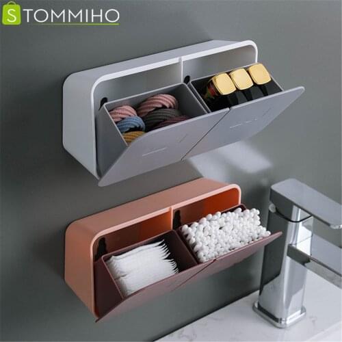 STOMMIHO Wall-Mounted Plastic Cotton Swab Storage Box Folding Makeup Storage Rack Holder Bathroom Cotton Pads Shelf