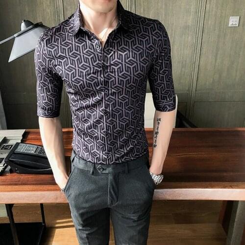 Autumn British Style Luxury Social Business Casual Men Embroidery Slim Half-sleeve Lace Shirts Party Shirts Male Dress Shirt