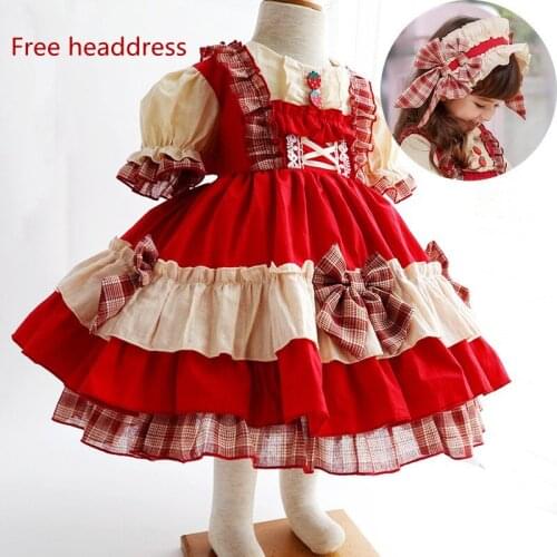 Girls' Dress Summer Original Lolita Short Sleeve KNEE LENGTH PLAID Lace Bow Dress With Headdress Spanish Style Childrens wear