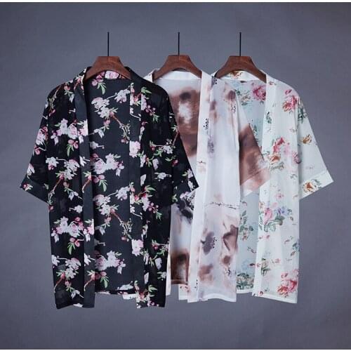 Chinese inkjet painting chiffon feather weaving street cardigan improved Hanfu cape kimono cardigan yukata summer sunscreen coat