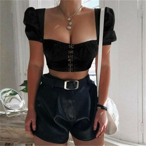 Sexy Women Solid Crop Tops Blouse Ladies Square Collar Short Sleeve Shirts Pullovers High Street Slim Tops Blusa Chemise OL