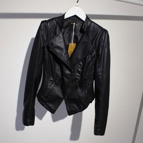 Autumn 2021 Fashion Stand Collar Short Faux PU Leather Biker Jacket Women Casual Black Plus size 3XL Punk Slim Streetwear Female