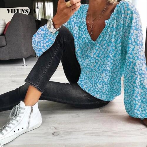 Summer Ladies Casual Loose Blouse Chiffon V Neck Floral Printed Top 2021 Spring Women New Fashion Lantern Sleeve Hedging Blouses