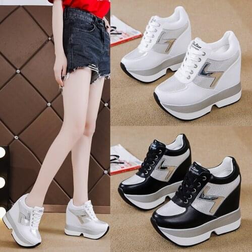 Ladies casual sports shoes spring and autumn fashion retro style thick-soled slope-heel inner increase non-slip casual shoes