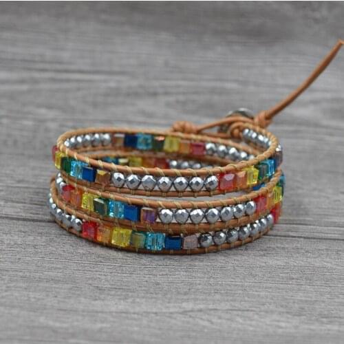 Asingeloo Boh Square Natural Stones Leather Wrap Bracelet Stones Beaded Cuff Women Weaving Bracelet Dropshipping