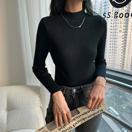 Womens Knitted Pullover Solid Color Slim Half High Collar Sweater Wholesale Autumn Winter 2021 New Fashion Female Clothing