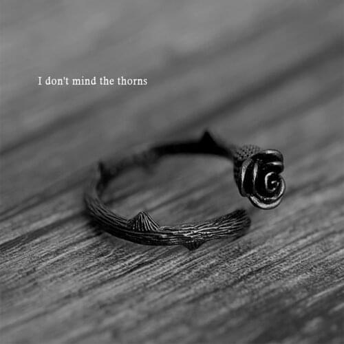 Retro Black Thorn Rose Fashion Women Girl Simple Ring Valentines Day Prom Party Ring Flower Tail Ring Jewelry Gift