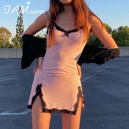 Lace Patched Split Pink Women Dress Y2K Harajuku V Neck Sleeveless Cute Dresses Female Party Clubwear Fashion Street Iamhotty