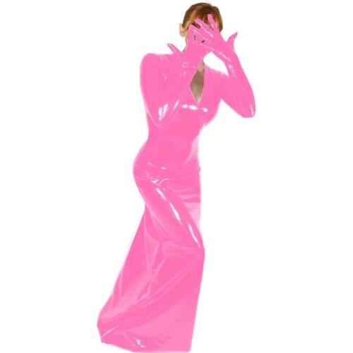 Women V-neck Long Sleeve Maxi Dress Wet Look PVC Leather Gothic Punk Floor Length Dresses Sexy Clubwear Sissy Cosplay Costume