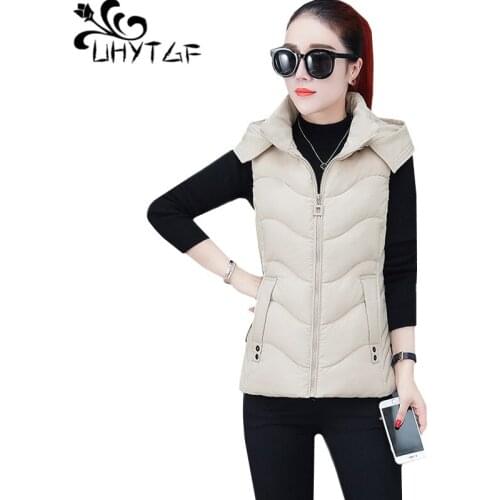 UHYTGF 4XL plus size vest female Down jacket short coat Hooded Zipper Slim Autumn Winter Vests fashion women sleeveless tops 522