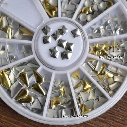 Gold Silver Flat Back Rivets Nails Art Decor Punk Style Metallic Studs different Shape Heart Star Wheel N34