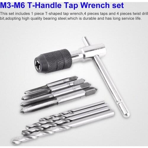 9Pcs/set Adjustable M3-M6 T-Handle Ratchet Tap Wrench Hand Screw Thread Taps Reamer Tap Set With 4pcs Twist Drill Bits