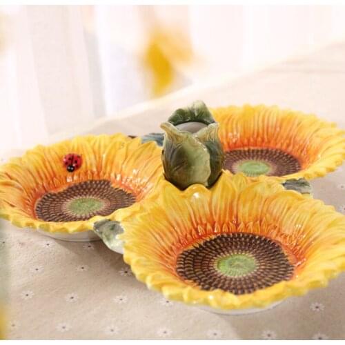 American Sun Flower Underglaze Ceramic Three-grid Fruit Bowl with Toothpick Jar and Fruit Plate Home Coffee Table Furnishings