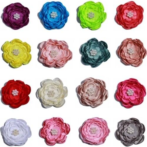 50PCS 9.2CM Fashion Burned Satin Fabric Flowers With Bead For Clothes Accessories Layered Customize Chiffon Flower For Headband