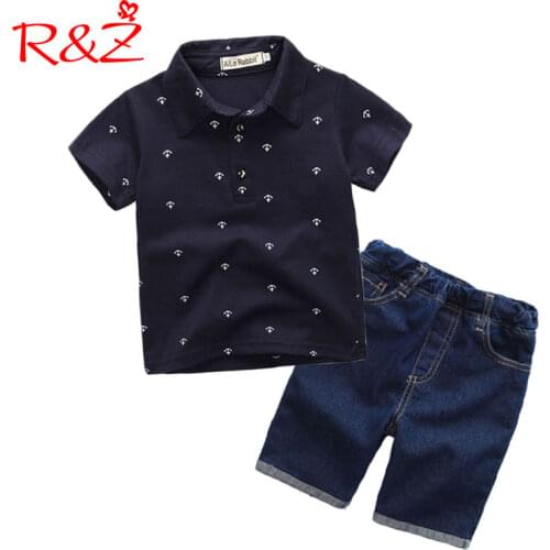 R&Z childrens suit 2019 summer new boy gentleman suit childrens clothing boy lapel print T-shirt denim shorts pants two-piece