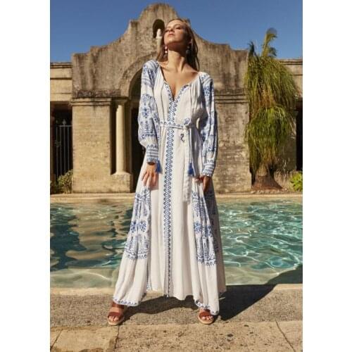 DUISNENA Long boho white dress spring/autumn dress casual blue embroidered tassel cotton women dresses v-neck robe vestidos