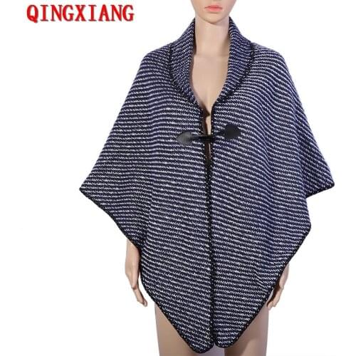 2020 Solid Knitted Pashmina Turn Down Neck Cardigan Horn Button Autumn Thick Warm Sweater Women Black Grey Navy Blue Poncho