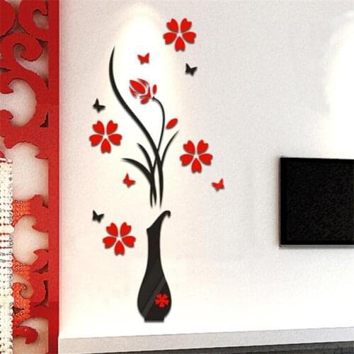 Beautiful DIY Vase Flower Tree Wall Stickers Crystal Arcylic 3D Sticker Decal Home or office Decor Charming Flowers Crafts A60