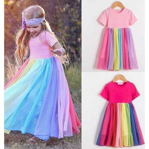 Summer Fashion Rainbow Girls Dress Birthday Party Short Sleeves Cotton Baby Girl Clothes Toddler Girls Casual Clothing Size 2-6Y