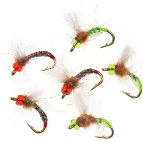 6PCS Set Fishing Lure Copper Bead Head Nymph Flies Trout Fly Fishing Bait Single Metal Barbed Hook Tool Fly Shape Copper Lures