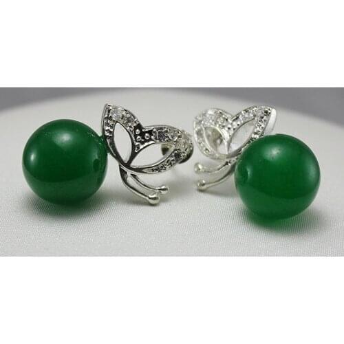 Wholesale fashion jewelry beautiful green 8mm Natural jade beadl with butterfly Earring #211