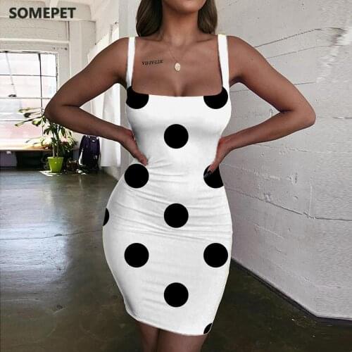 SOMEPET Dots Dress Women Black And White Sundress Graphics Bodycon Dress Harajuku Halter Sleeveless Womens Clothing Club New