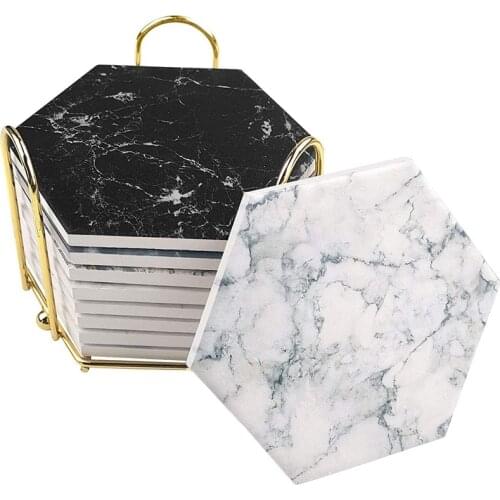 Drink Coaster with Metal Holder Stand,Marble Pattern Stone Bar Coasters Set with Cork Base,Farmhouse Cup Ceremic Coaster CNIM Ho