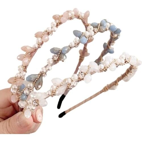 Alloy Crystal Pearl Headband for Women Diamond Hair Accessories Sweet Slim Bridal Wedding Hairband for Girl Party Birthday