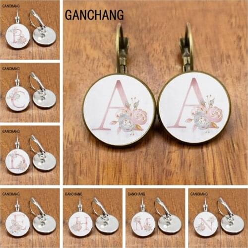 Simple pink flower A-Z English alphabet pattern glass cabochon earrings, teachers day gift earrings