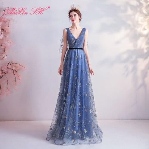 AnXin SH luxury princess blue lace evening dress vintage v neck sparkly half sleeve beach sequins blue evening dress 3618