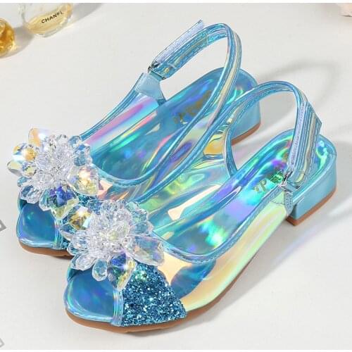 Children Girls Rhinestone Flower Sandals Summer New Princess Kids Beautiful Bling Sandals For Girls Flat Square Heel 2#15/10D50