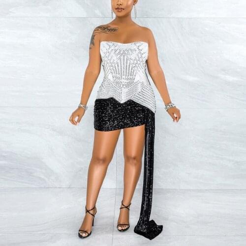 Sexy Diamond Sequined Dress Women Night Club Strapless Backless Bodycon Evening Party Elegant Mini Dress Vestidos Mujer 2021 New