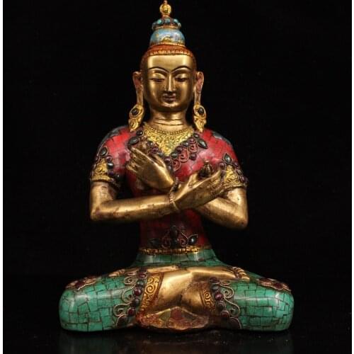 13"Tibet Buddhism Old Bronze Gem Painted outline in gold Sakyamuni Tara Buddha Statue Sitting Buddha Enshrine the Buddha