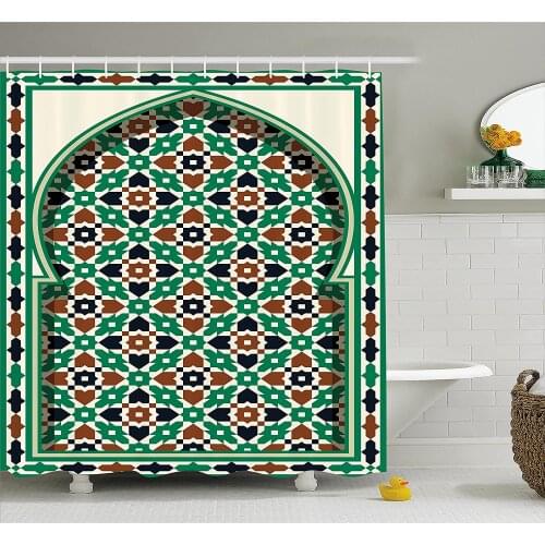 Moroccan Shower Curtain Middle Eastern Style Moroccan Door Arch with Medieval Floral Details Retro Wall Decoration Curtains
