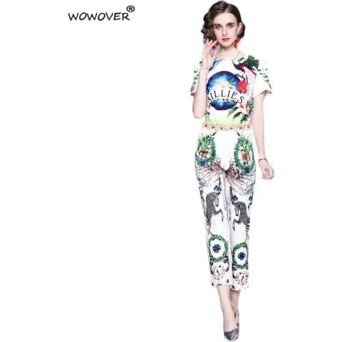 Summer Fashion Streetwear 2021 New Runway Suit Women Short Sleeve Animal Print Top and Pants 2 Piece Clothing Set Casual Outfits