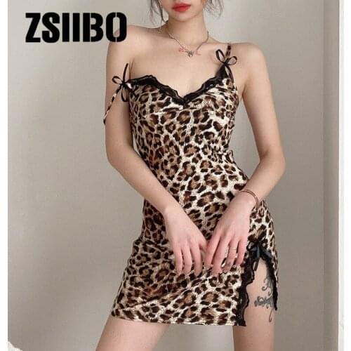 Womens 2021 summer new style sexy leopard print lace edge stitching split suspender dress base elegant sexy tight Dress Dresses