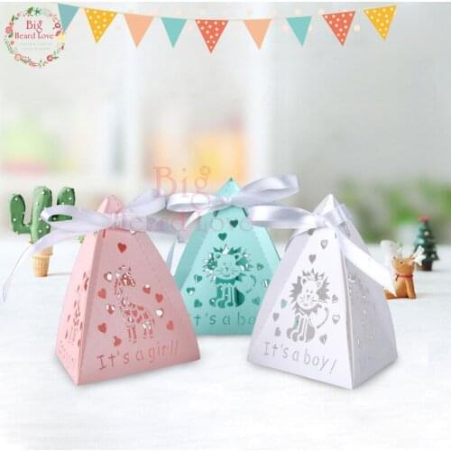 50pcs/lot Laser Cut Cute Cartoon Giraffe Lion Candy Box with Ribbon Baby Shower Party Chocolate Box Boy Girl Birthday Party Gift