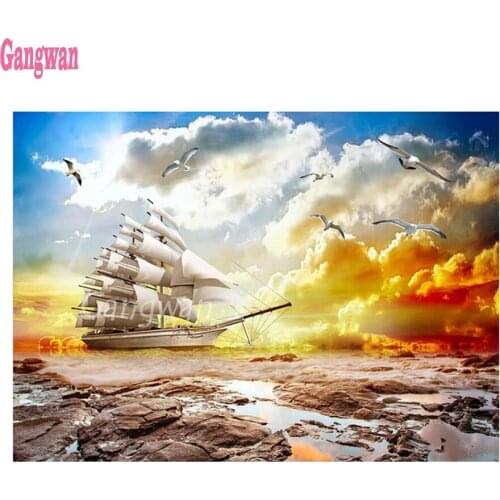 5d Diy diamond painting color cloud ship Diamond Embroidery sailboat Seagull scenery full Square Round drillCross Stitch decor