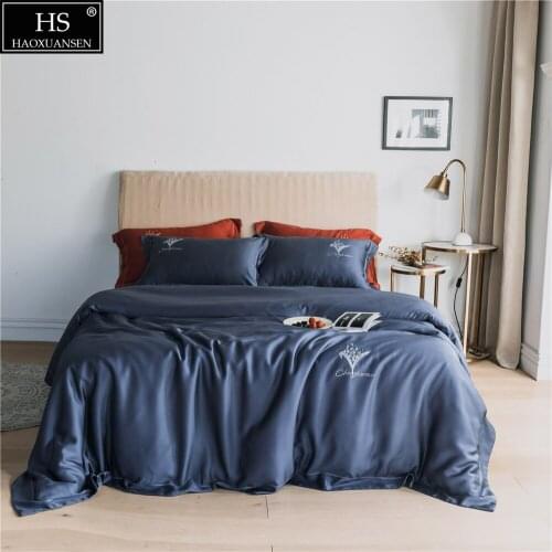 Noble Sapphire Blue 4Piece Bedding Sets Tencel Lyocell Silky Soft Pillowcase Duvet Cover Bed Sheet Delicate Hot Drilling Orchid