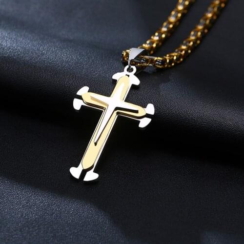 Large Medieval Cross Pendent with Byzantium Chain Necklace for Men Stainless Steel Jewelry