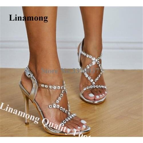 Linamong Bling Bling Rhinestone Clear PVC Stiletto Heel Sandals Silver Patchwork Diamond High Heel Sandals Wedding Dress Heels
