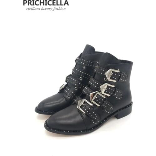 PRICHICELLA genuine leather studded buckle strap ankle booties womens flats combat boots