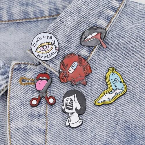 Halloween Black Pill Eyeliner Tongue Lips Brooches Enamel Pin Twisted Clock Denim Lapel Pin Bag Punk Cool Funny Jewelry Gift