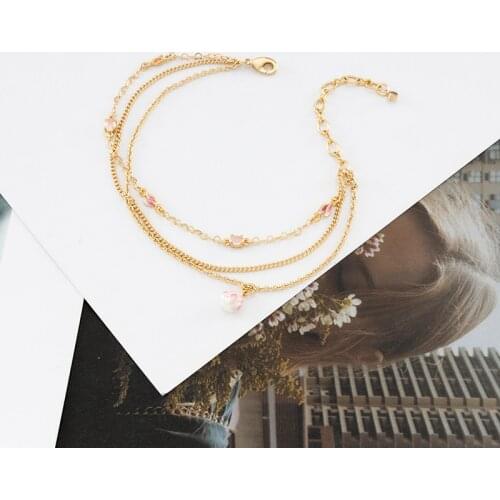 Jaeeyin 2021 3 Chains Rose Color Stone Lotus Petals Enamel Bracelet Adjustable Jewelry Gift For Women Teen Girls New Arrivals